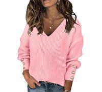 Gryvoilet Pull surdimensionné à col en V pour femme - Pull habillé décontracté et léger en tricot côtelé, rose, Taille XL