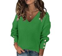 Gryvoilet Pull surdimensionné à col en V pour femme - Pull habillé décontracté et léger en tricot côtelé, vert, Taille L
