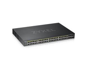 GS1920-48HPv2, 50 Port Smart Managed PoE Switch 44x Gigabit Copper PoE and 4x Gigabit dual pers., hybrid mode, standalone or NebulaFlex Cloud, 375 Watt PoE