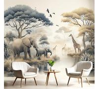 GSAEIMCT Blanc Cassé Éléphant Girafe 3D Art Papier Peint Panoramique Prairie Fluviale Décoration Manger Adulte Chambre D'Enfants Intérieure Salon Étude Canapé Chambre Fond Tv Mur,400X280Cm