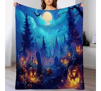 GSAEIMCT Bleu Orange Citrouille De Pierre Tombale Couverture Effrayante en Flanelle Douce Dessin Animé Fantastique pour Halloween,Saint-Valentin,Lit,Canapé,Salon,Chambre À Coucher,220X240Cm