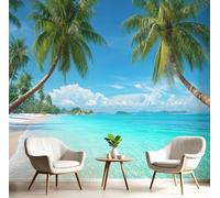 GSAEIMCT Bleu-Vert Palmiers Eau De Mer 3D Art Papier Peint Panoramique Paysage Tropical Décoration Manger Adulte Chambre D'Enfants Intérieure Salon Étude Canapé Chambre Fond Tv Mur,450X300Cm