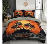GSAEIMCT Housse De Couette 200X200Cm Orange Noir L'Île Aux Palmiers,Parure De Lit 2 Personnes Paysage Rétro,Douce Microfibre 3D Imprimée Housses Couettes avec Taies d'oreiller avec Fermeture Éclair