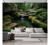 GSAEIMCT Intérieure Papier Peint 250X170Cm Mousse De Cascade Photographie De Nature Amovible Fresque Murale Décorer Papier Peint Photo Vert Pour Meuble Salon Salle Bain Chambre Armoire