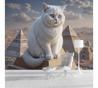 GSAEIMCT Papier Peint 3D Blanc Chat Pyramide 300X210Cm Poster Geant Mural Panoramique Peinture Murale Interieur Animaux Égyptiens Pour Salon Chambre À Coucher D'Enfant Maison Décoration