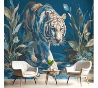 GSAEIMCT Papier Peint 3D Bleu-Vert Tigre Vert 350X260Cm Poster Geant Mural Panoramique Peinture Murale Interieur Animaux Minimalistes Pour Salon Chambre À Coucher D'Enfant Maison Décoration