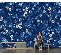 GSAEIMCT Papier Peint Mural Bleu Feuilles De Fleurs 350X260Cm,Papier Peint Panoramique 3D Classique Et Élégant,Poster Photo Décoration Murale,Pour Salon Chambre Couloir Bureau Rénovation
