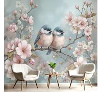 GSAEIMCT Papier Peint Mural Light Blue Cherry Blossom Bird 350X260Cm,Papier Peint Panoramique 3D Realistic Illustration, Poster Photo Décoration Murale, Pour Salon Chambre Couloir Bureau Rénovation