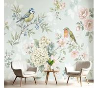 GSAEIMCT Papier Peint Mural Light Green Tree Branches, Flowers, Birds 200X140Cm,Papier Peint Panoramique 3D Retro Plants, Poster Photo Décoration Murale, Pour Salon Chambre Couloir Bureau Rénovation