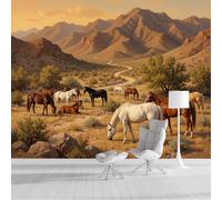 GSAEIMCT Papier Peint Mural Photo 250X170Cm Chevaux Du Désert Panoramique Poster Fresque Paysage Peint À L'Huile Murale Maison Bureau Restaurant,Brun Décoration Murale Papier Peint