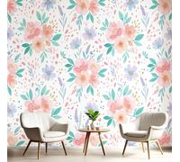 GSAEIMCT Papier Peint Mural Pink Green Flowers Leaves 250X170Cm,Papier Peint Panoramique 3D Fresh Watercolor, Poster Photo Décoration Murale, Pour Salon Chambre Couloir Bureau Rénovation