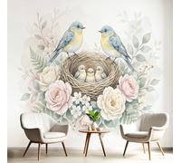 GSAEIMCT Papier Peint Mural Pink Green Spring Flowers Birds 450X300Cm,Papier Peint Panoramique 3D Vintage Watercolor, Poster Photo Décoration Murale, Pour Salon Chambre Couloir Bureau Rénovation