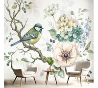 GSAEIMCT Papier Peint Mural Pink Green Spring Flowers Birds 450X300Cm,Papier Peint Panoramique 3D Watercolor Nature, Poster Photo Décoration Murale, Pour Salon Chambre Couloir Bureau Rénovation
