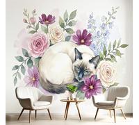 GSAEIMCT Papier Peint Mural Purple-Green Peony Siamese Cat 250X170Cm,Papier Peint Panoramique 3D Watercolor Animals, Poster Photo Décoration Murale, Pour Salon Chambre Couloir Bureau Rénovation