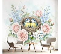 GSAEIMCT Papier Peint Panoramique 3D Tree Branches, Flowers, Birds Watercolor Retro Soie Poster Murale Décoration Pink Green Pour Salon Chambre Fond De Mur Tv Papier Peint Murales, 300X210Cm