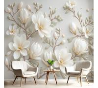 GSAEIMCT Papier Peint Panoramique Blanc Crémeux Magnolia En Relief 3D Tapisserie Peinture Murale Interieur Plantes Murales Pour Chambre Salon À Coucher D'Enfant Maison Décoration,400X280Cm
