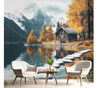 GSAEIMCT Papier Peint Panoramique Blanc Jaunâtre Cabane Au Bord Du Lac 3D Tapisserie Peinture Murale Interieur Paysage De Rêve Pour Chambre Salon À Coucher D'Enfant Maison Décoration,400X280Cm
