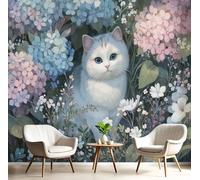 GSAEIMCT Papier Peint Panoramique Blanc-Vert Fleur De Chaton 3D Tapisserie Peinture Murale Interieur Animaux Du Paysage Pour Chambre Salon À Coucher D'Enfant Maison Décoration,450X300Cm