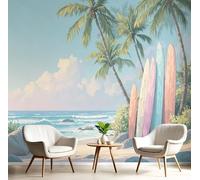 GSAEIMCT Papier Peint Panoramique Bleu-Vert Planche De Surf Palm Tree 3D Tapisserie Peinture Murale Interieur Plages Océans Pour Chambre Salon À Coucher D'Enfant Maison Décoration,200X140Cm