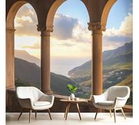 GSAEIMCT Papier Peint Panoramique Brun-Vert Montagnes Et Océans 3D Tapisserie Peinture Murale Interieur Vue Du Balcon Pour Chambre Salon À Coucher D'Enfant Maison Décoration,200X140Cm