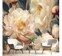 GSAEIMCT Papier Peint Panoramique Crème Pivoine Élégante 3D Murale Plantes Impressionnistes Pour Décoration Chambre Salon Tv Canapé Thème Hôtel Luxe Couloir Fond Mur Peinture À La Maison,400X280Cm
