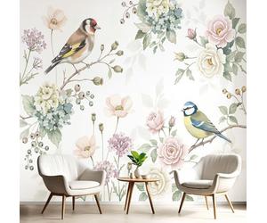 GSAEIMCT Papier Peint Panoramique Hand-Painted Flowers Birds 250X170Cm Décoration Murale Moderne,Tapisserie Décorative Pour Chambre Salon, Watercolor Plants, Pink Green