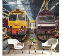 GSAEIMCT Papier Peint Panoramique Jaune Brunâtre Train-Atelier 3D Tapisserie Murale Interieur Paysage Industriel Pour Chambre Salon À Coucher D'Enfant Maison Décoration,300X210Cm