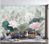 GSAEIMCT Papier Peint Panoramique Lac Lotus, Feuilles Vertes Zen Dans La Peinture À L'Encre Gris Clair 350X256Cm Poster Géant Mural 3D,Décoration Murale Premium,Pour Salon,Chambre Adulte