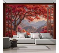 GSAEIMCT Papier Peint Panoramique Montagnes D'Automne 350X260Cm Décoration Murale Moderne,Tapisserie Décorative Pour Chambre Salon,Peinture À L'Huile Vue Par La Fenêtre,Rouge