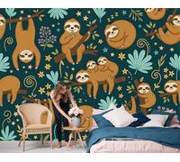 GSAEIMCT Papier Peint Panoramique Paresseux Arboricole Animaux De Dessin Animé Bleu-Vert 400X280Cm Poster Géant Mural 3D,Décoration Murale,Pour Salon,Chambre Adulte,Chambre D'Enfants & Bureau