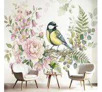 GSAEIMCT Papier Peint Panoramique Pink Green Tree Branches, Flowers, Birds Watercolor Plants 450X300Cm Soie Personnalisé Fresque Murale Pour Salon Chambre D'Enfants Restaurant Décoration Murale