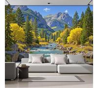 GSAEIMCT Papier Peint Panoramique Rock Forest 350X260Cm Décoration Murale Moderne,Tapisserie Décorative Pour Chambre Salon, Autumn Nature, Yellow-Green