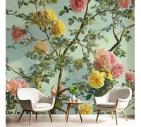 GSAEIMCT Papier Peint Panoramique Rose Vert Brindille De Rose 300X210Cm Revêtement Mural Paysages Naturels Poster Tableaux Photo Muraux Utilisé Pour Salon Chambre D'Enfant Décoration Murale