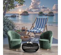 GSAEIMCT Papier Peint Photo Bleu Blanc Chaises Longues De Plage Panoramique 3D Paysages Insulaires Murale Salon Tv Fond Mur Chambre Salle À Manger Coucher Maison Décoration Intérieure,450X300Cm