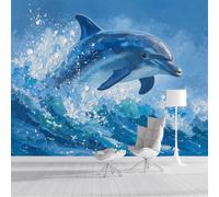 GSAEIMCT Papier Peint Photo Bleu Blanc Dauphin De La Vague Animaux De Dessin Animé Effet 3D Poster Tableaux Photo Muraux Utilisé Pour Salon Chambre Chambre D'Enfant Décoration Murale,250X170Cm