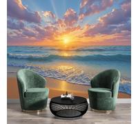 GSAEIMCT Papier Peint Photo Bleu Doré Sunset Beach Paysages D'Été Effet 3D Poster Tableaux Photo Muraux Utilisé Pour Salon Chambre D'Enfant Décoration Murale,300X210Cm