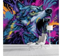 GSAEIMCT Papier Peint Photo Bleu-Violet Loup Féroce Panoramique 3D Animaux Graffiti Murale Salon Tv Fond Mur Chambre Salle À Manger Coucher Maison Décoration Intérieure,200X140Cm