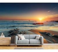 GSAEIMCT Papier Peint Photo Orange Sunset Beach Panoramique 3D Photographie Réaliste Murale Salon Tv Fond Mur Chambre Salle À Manger Coucher Maison Décoration Intérieure,200X140Cm