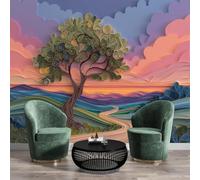 GSAEIMCT Papier Peint Photo Rose Vert Petit Sentier Sur La Colline Panoramique 3D Coucher De Soleil Sur Un Paysage Féerique Murale Salon Tv Fond Mur Chambre Salle À Manger Coucher Maison,300X210Cm