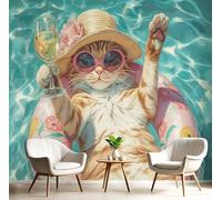 GSAEIMCT Papier Peint Photo Vert Brunâtre Bouée Chat Peinture À L'Huile D'Animaux Effet 3D Poster Tableaux Photo Muraux Utilisé Pour Salon Chambre Chambre D'Enfant Décoration Murale,300X210Cm