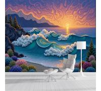 GSAEIMCT Papier Peint Soie Coucher De Soleil Sur Un Paysage Féerique Montagnes Océans Poster Tableaux Photo Muraux Utilisé Pour Salon Chambre Chambre D'Enfant Décoration Murale,400X280Cm