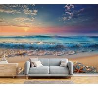 GSAEIMCT Papier Peint Soie Coucher De Soleil Sur Un Paysage Féerique Plage Des Étoiles De Mer Poster Tableaux Photo Muraux Utilisé Pour Salon Chambre Chambre D'Enfant Décoration Murale,300X210Cm