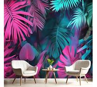GSAEIMCT Papier Peint Soie Mural 3D Bleu Pâle Feuilles De Palmier De La Jungle 300X210Cm Muraux Poster Geant Tapisserie Photo Décoration Murale,Jungle Néon Salon Chambre Bureau Couloir Peinture Décor