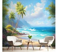GSAEIMCT Papier Peint Soie Mural 3D Bleu-Vert Palmiers De Plage 450X300Cm Muraux Poster Geant Tapisserie Photo Décoration Murale,Paysages Tropicaux Salon Chambre Bureau Couloir Peinture Décor