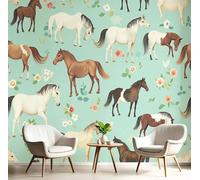 GSAEIMCT Papier Peint Soie Mural 3D Brun-Vert Cheval Fleuri 400X280Cm Muraux Poster Geant Tapisserie Photo Décoration Murale,Animaux À L'Aquarelle Salon Chambre Bureau Couloir Peinture Décor