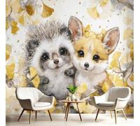 GSAEIMCT Papier Peint Soie Mural 3D Jaune Doré Renard Hérisson 400X280Cm Muraux Poster Geant Tapisserie Photo Décoration Murale,Animaux D'Automne Salon Chambre Bureau Couloir Peinture Décor