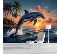 GSAEIMCT Papier Peint Soie Mural 3D Orange-Bleu Dauphin Du Palmier 300X210Cm Muraux Poster Geant Tapisserie Photo Décoration Murale,Animaux Illustrés Salon Chambre Bureau Couloir Peinture Décor