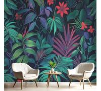 GSAEIMCT Papier Peint Soie Mural 3D Rouge Vert Feuilles Vertes Fleurs 300X210Cm Muraux Poster Geant Tapisserie Photo Décoration Murale,Jungle Tropicale Salon Chambre Bureau Couloir Peinture Décor