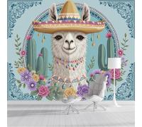 GSAEIMCT Papier Peint Soie Mural 3D Vert Blanc Alpaga Cactus 450X300Cm Muraux Poster Geant Tapisserie Photo Décoration Murale,Animaux De Dessin Animé Salon Chambre Bureau Couloir Peinture Décor