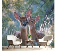 GSAEIMCT Papier Peint Soie Mural 3D Vert Brunâtre Cerf Du Soleil 450X300Cm Muraux Poster Geant Tapisserie Photo Décoration Murale,Animaux De La Forêt Salon Chambre Bureau Couloir Peinture Décor